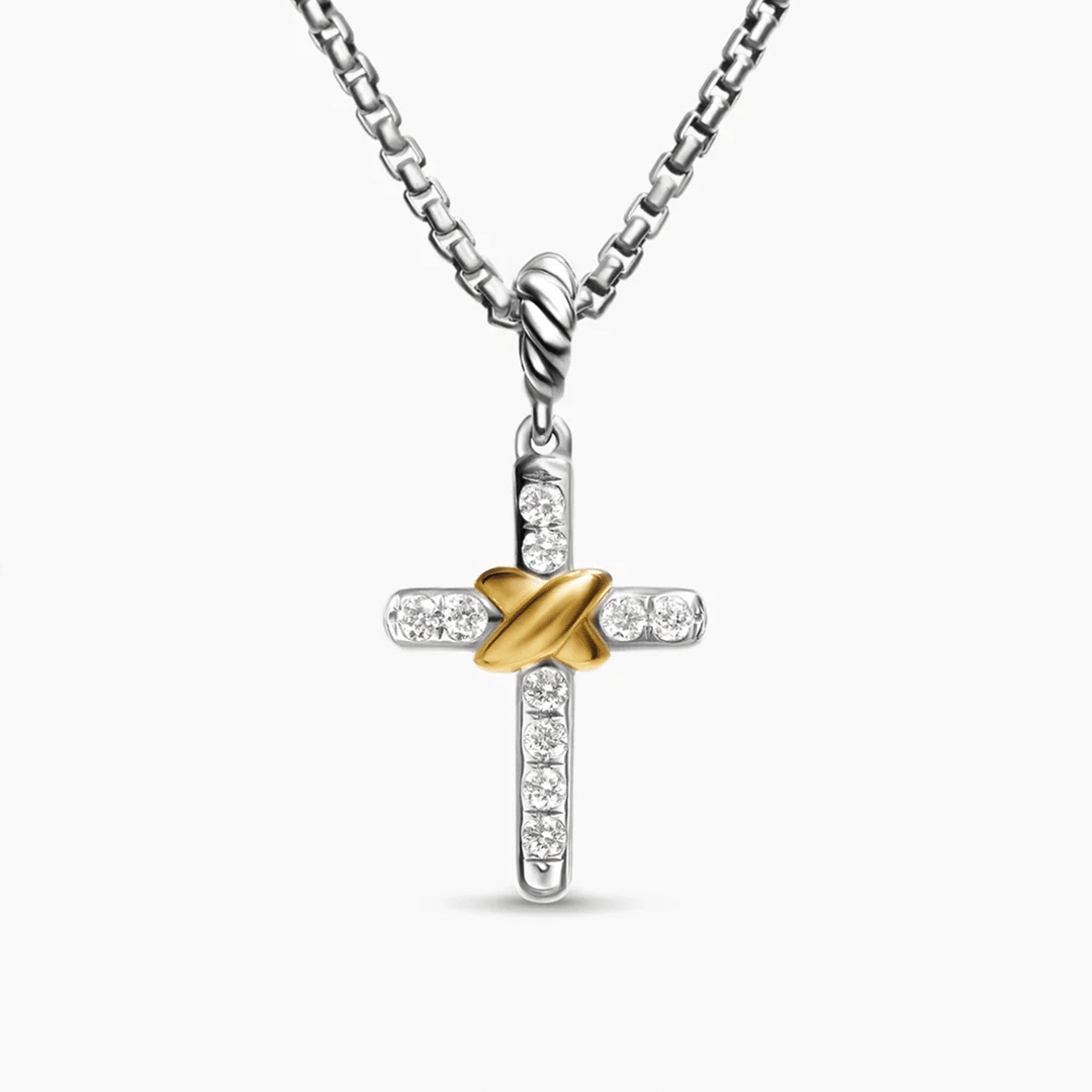 David Yurman Petite Cross Necklace Sterling Silver with 18k Yellow Gold with Diamonds, 20.8mm