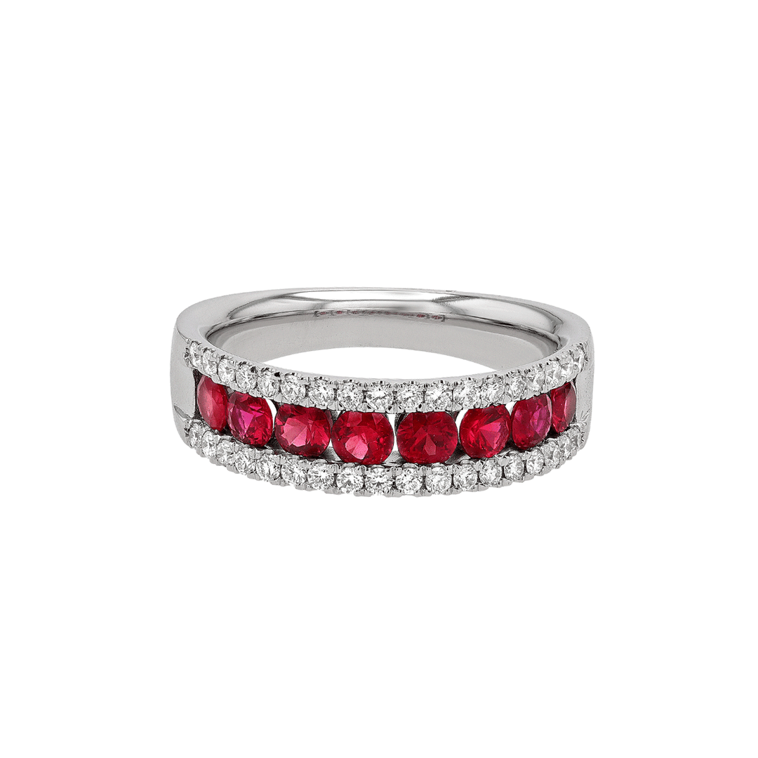 18k Gold Three Row Ruby 1.06 Total Weight and Diamond Ring