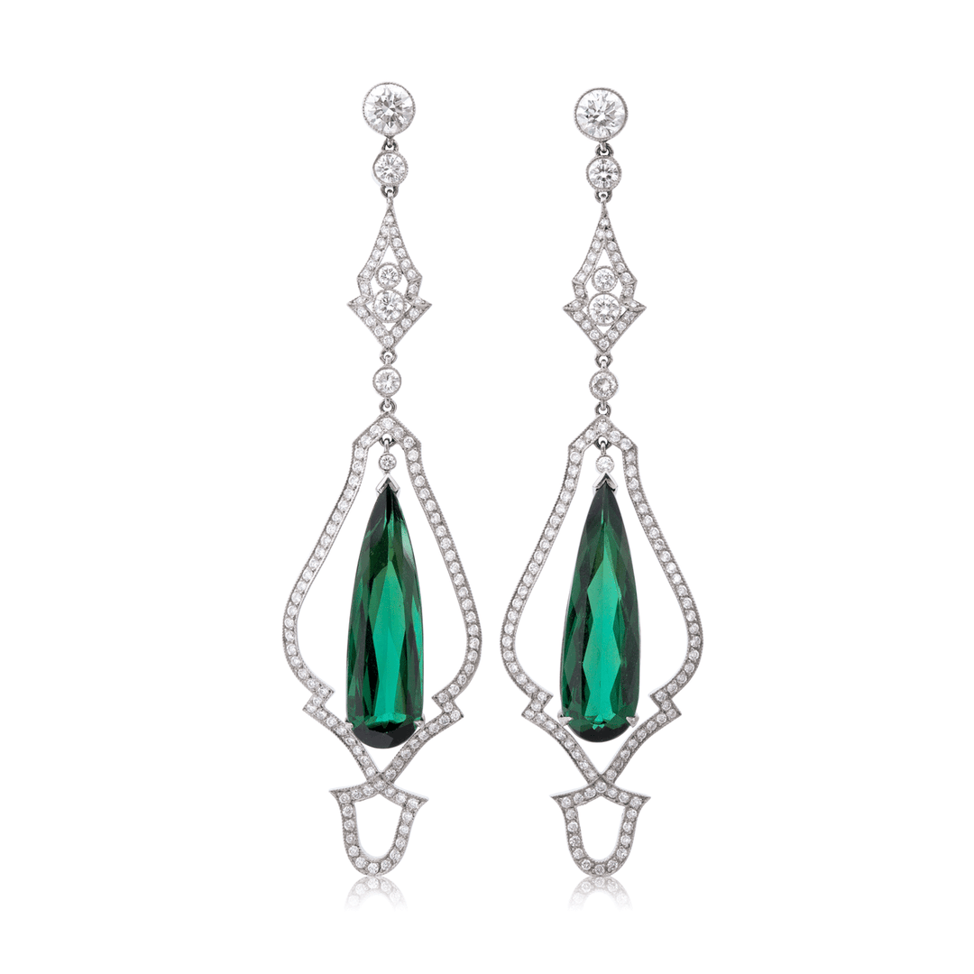 Heritage Platinum Green Tourmaline 11.35 Total Weight Drop Earrings