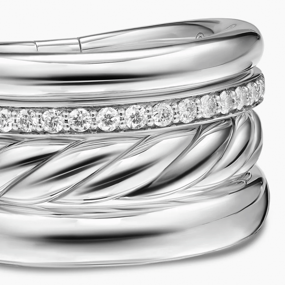 David Yurman Mercer Four Row Ring Sterling Silver with Diamonds, 13.8mm
