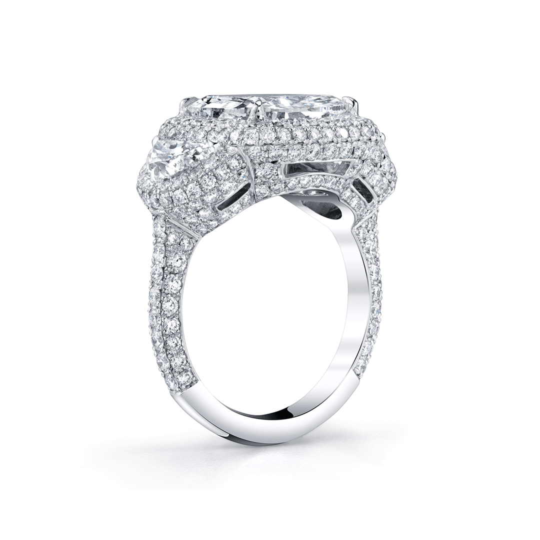 Platinum and 4.50 Total Weight Cushion Three Stone Halo Ring