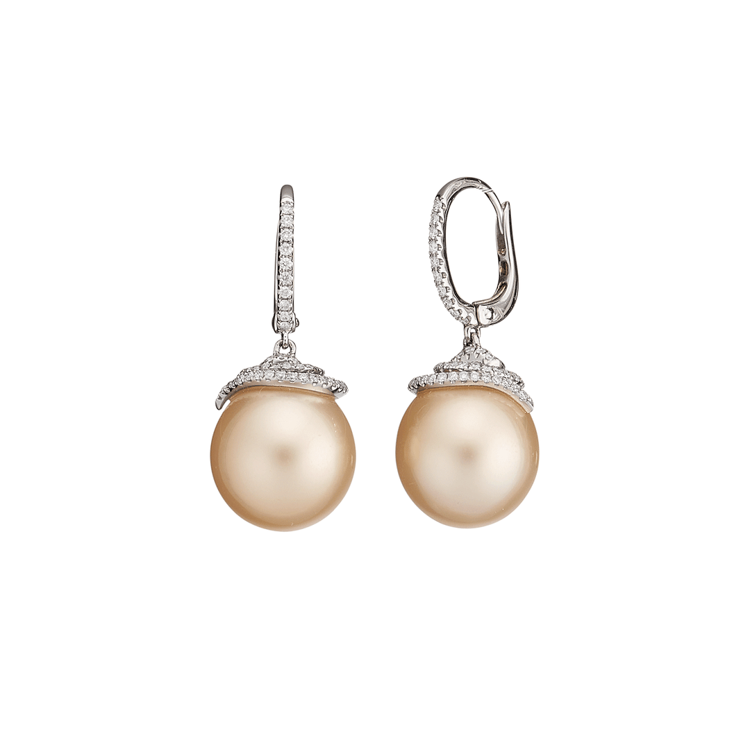 18k White Gold and Golden South Sea Pearl Earrings