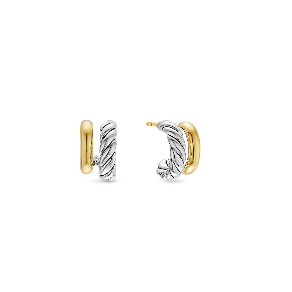 David Yurman Mercer Double Hoop Huggie Earrings Sterling Silver with 18k Yellow Gold, 13.5mm