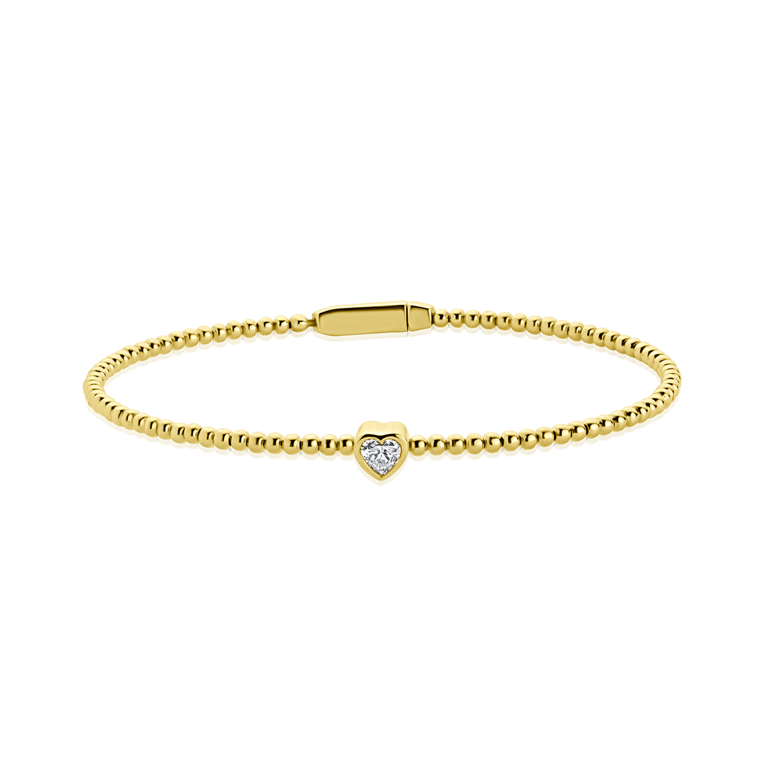 14k Yellow Gold and Heart Shape Diamond .25 Total Weight Beaded Bangle Bracelet