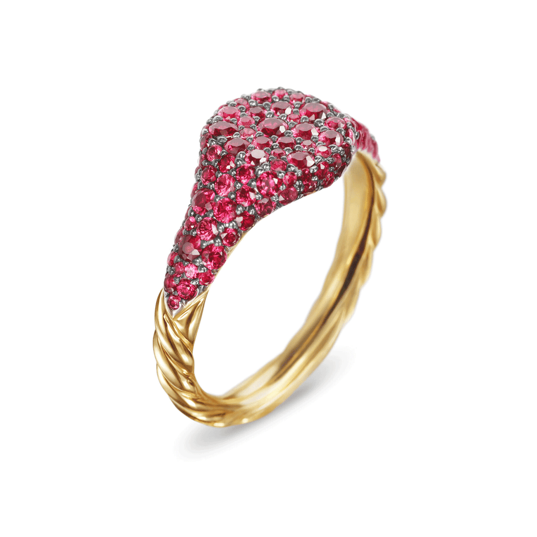 David Yurman Petite Pavé Pinky Ring 18K Yellow Gold with Red Rubies, 7mm