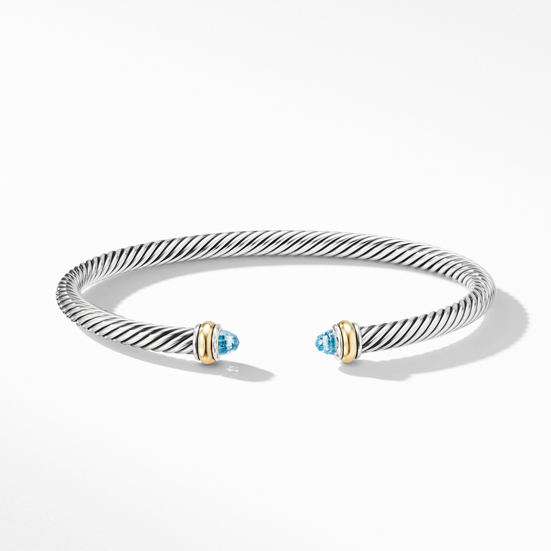 David Yurman Classic Cable Bracelet Sterling Silver with 18k Yellow Gold and Blue Topaz, 4mm