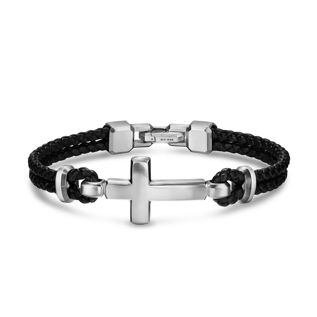 David Yurman Streamline® Cross Station Bracelet Black Leather with Sterling Silver, 6mm