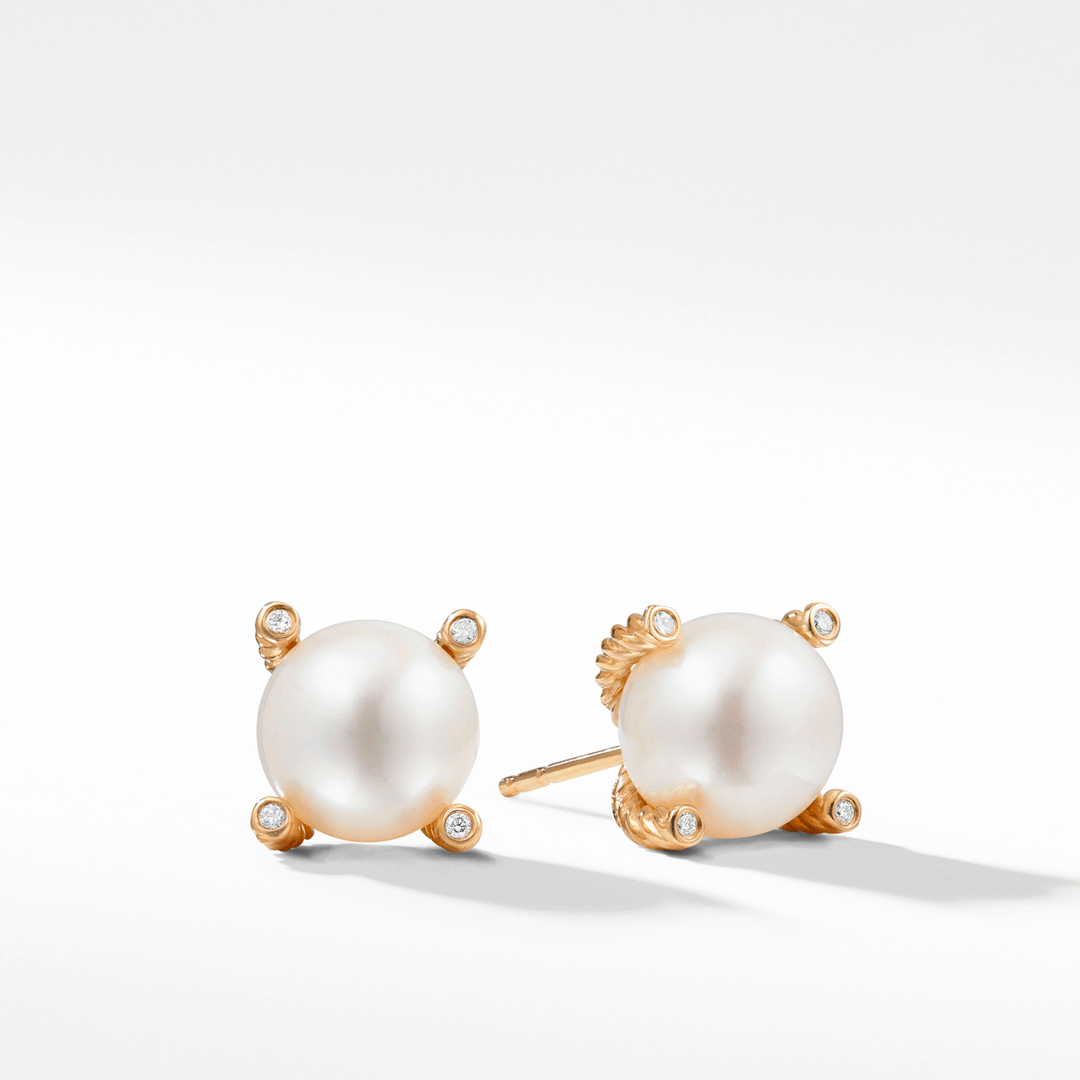 David Yurman Cable Pearl Stud Earrings in 18k Yellow Gold with Diamonds,14mm