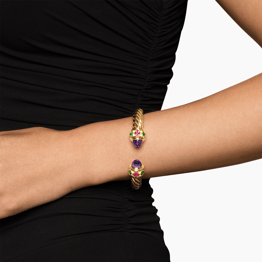 David Yurman Renaissance Cablespira Bracelet 18k Yellow Gold with Amethyst, Pink Tourmaline and Tsavorite, 9mm