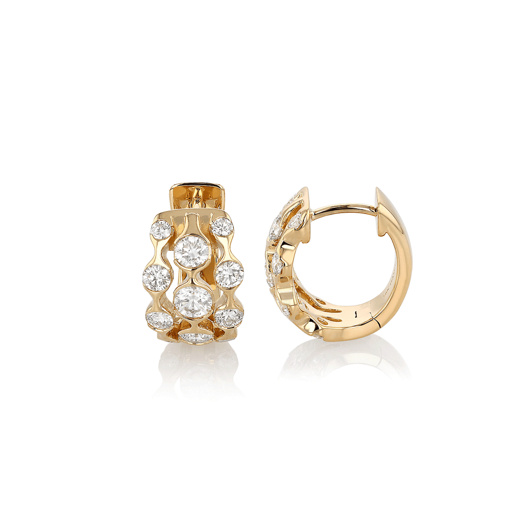 Wave Three Row 18k Yellow Gold and 1.20 Total Weight Diamond Huggie Earrings