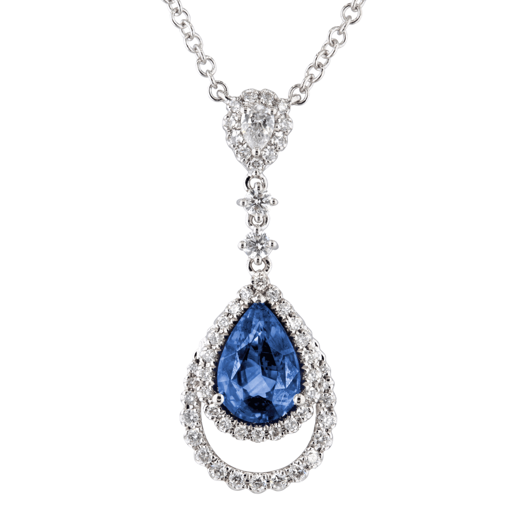 18k White Gold Ceylon Sapphire and Diamond Drop Necklace