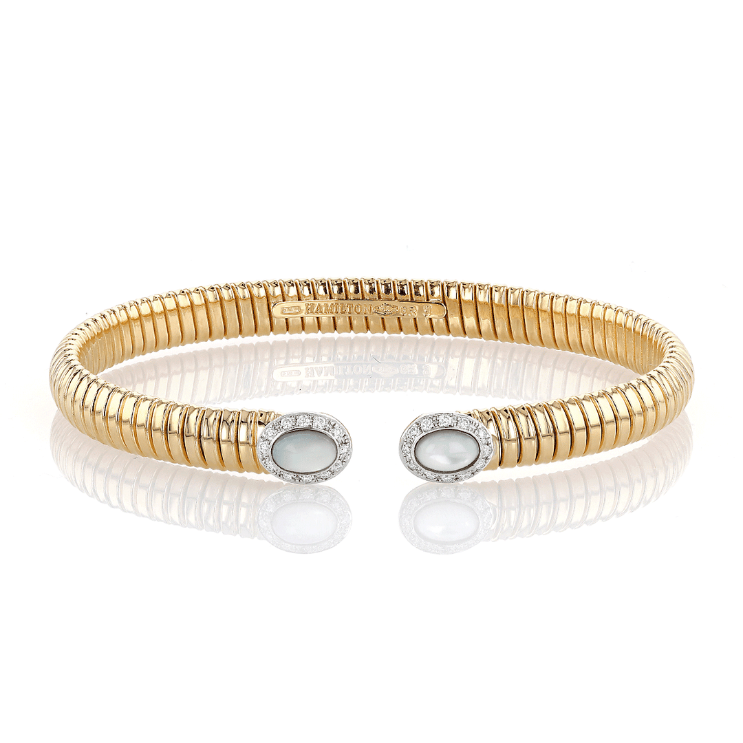 Hamilton 1970's Collection 18k Yellow Gold and 0.19 Total Weight Diamond Mother of Pearl Woven Cobra Bracelet