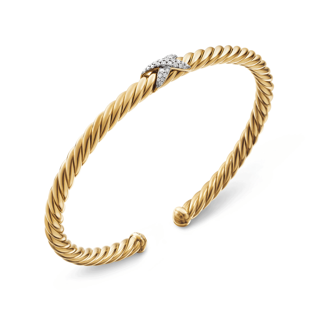 David Yurman X Cablespira Flex Station Bracelet 18K Yellow Gold with Pavé Diamonds, 4mm