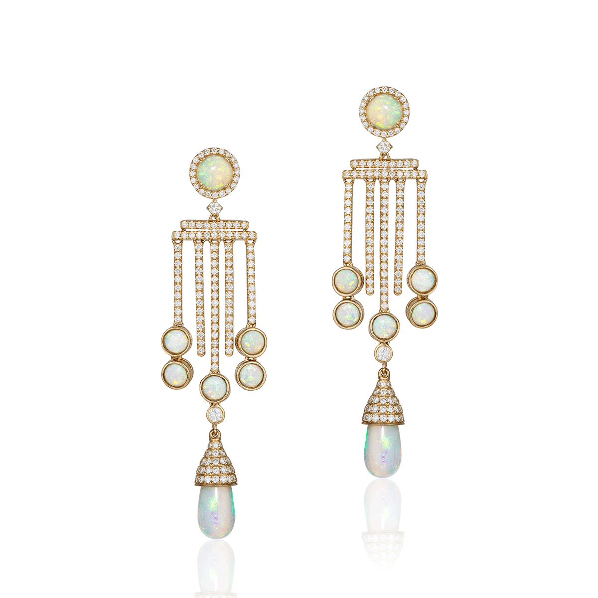 Goshwara G-one 18k Yellow Gold Opal and 2.35 Total Weight Diamond Five Bar Earrings