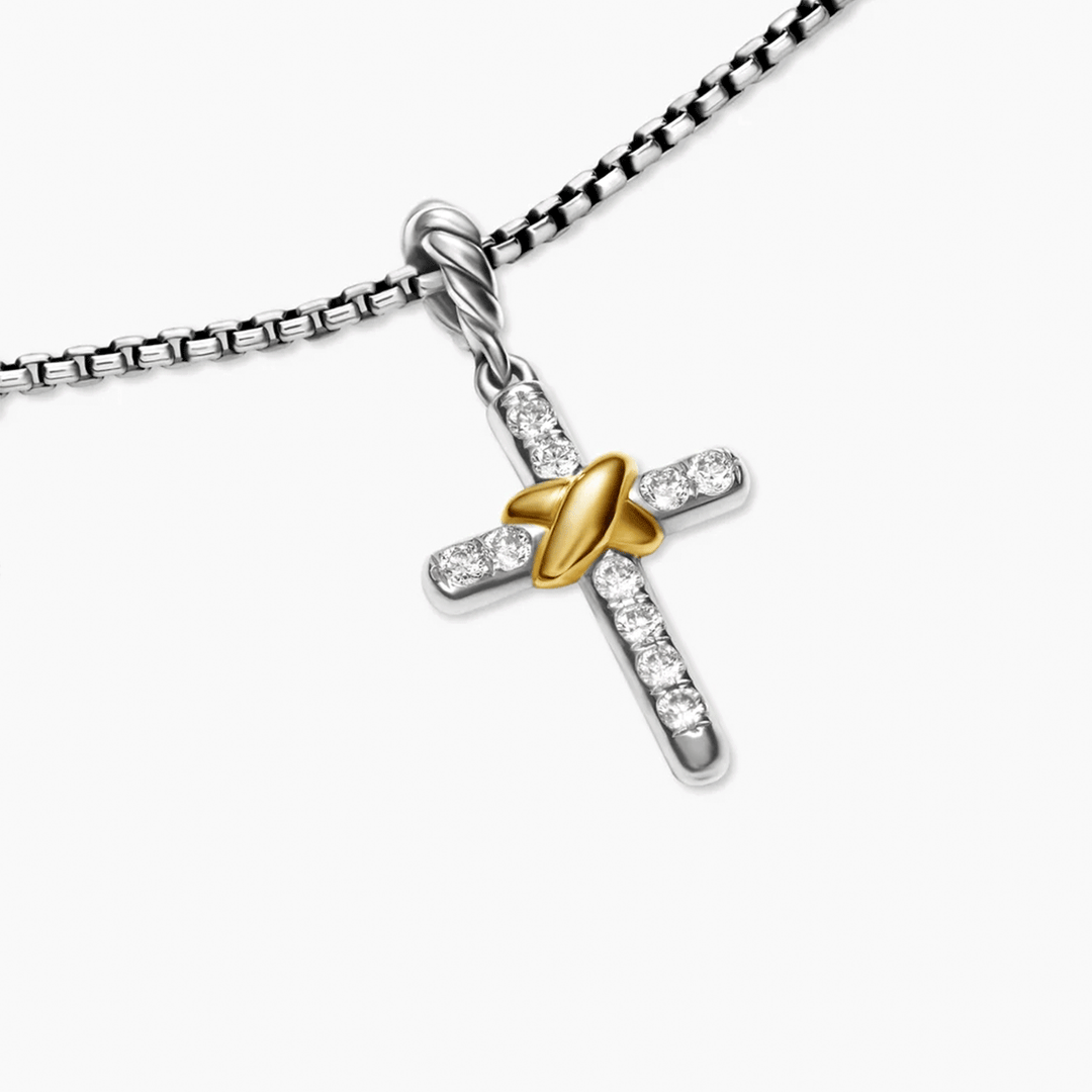 David Yurman Petite Cross Necklace Sterling Silver with 18k Yellow Gold with Diamonds, 20.8mm