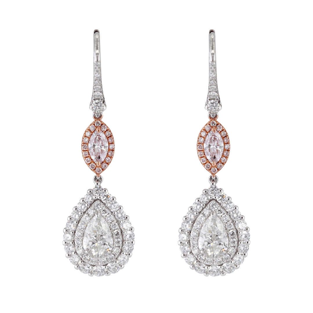 18k Gold Pink and Pear Diamond 3.47 Total Weight Earrings