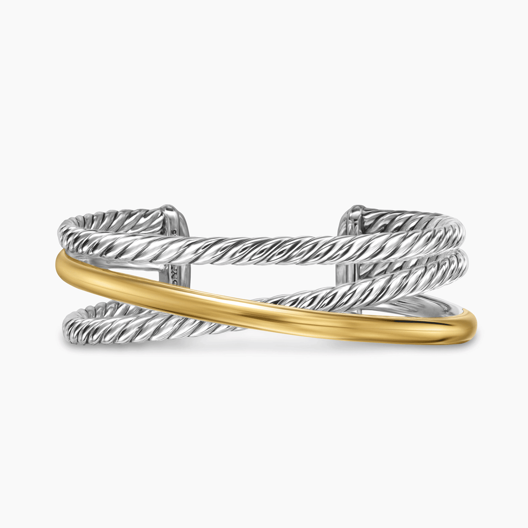 David Yurman Bold Crossover Three Row Cuff Bracelet Sterling Silver with 14k Yellow Gold, 19mm