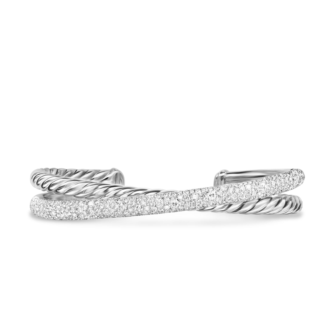 David Yurman Pavé Crossover Two Row Cuff Bracelet Sterling Silver with Diamonds, 10.7mm Medium