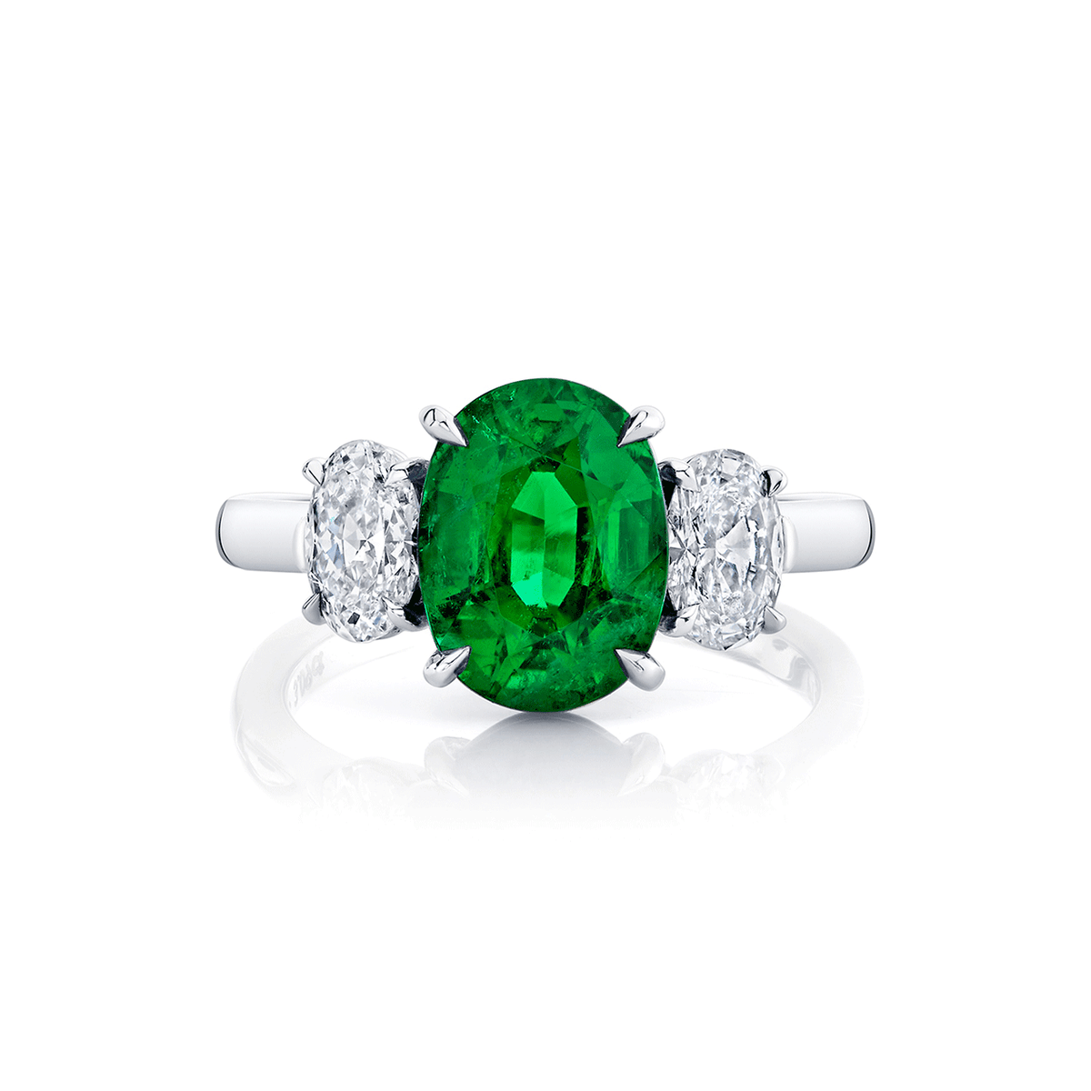 Plaitnum 18k Yellow Gold and 3.09 Total Weight Oval Shape Emerald Diamond Three Stone Ring