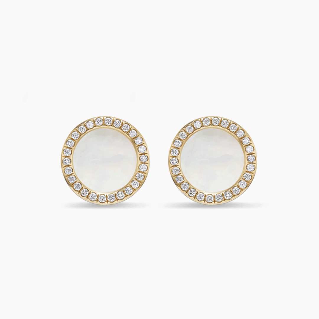 David Yurman Petite DY Elements Stud Earrings 18k Yellow Gold with Mother of Pearl and Diamonds, 11mm