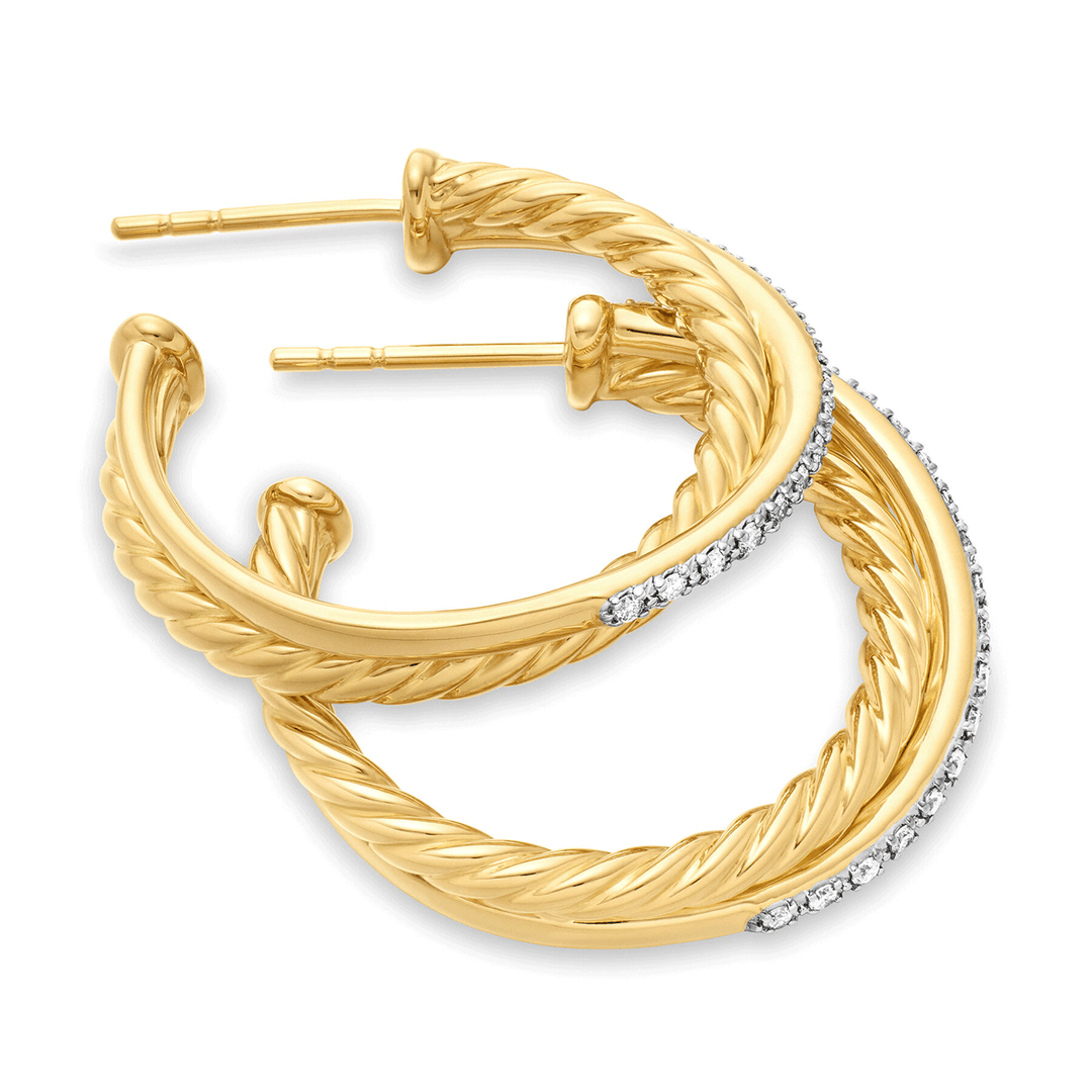 David Yurman Crossover Hoop Earrings 18K Yellow Gold with Diamonds, 26.5mm