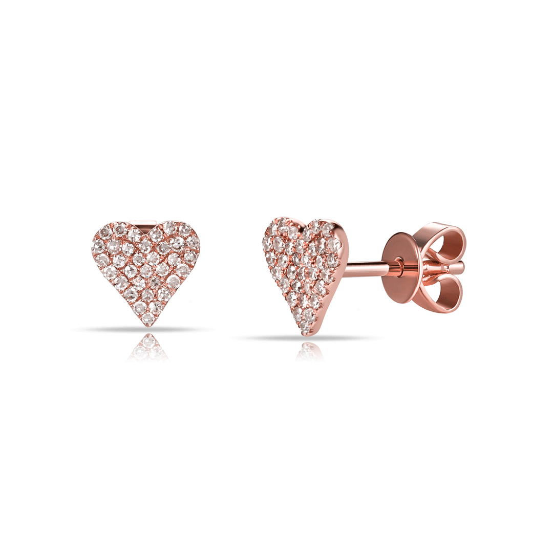 14k Rose Gold .19 Total Weight Pave Diamond Heart Studs