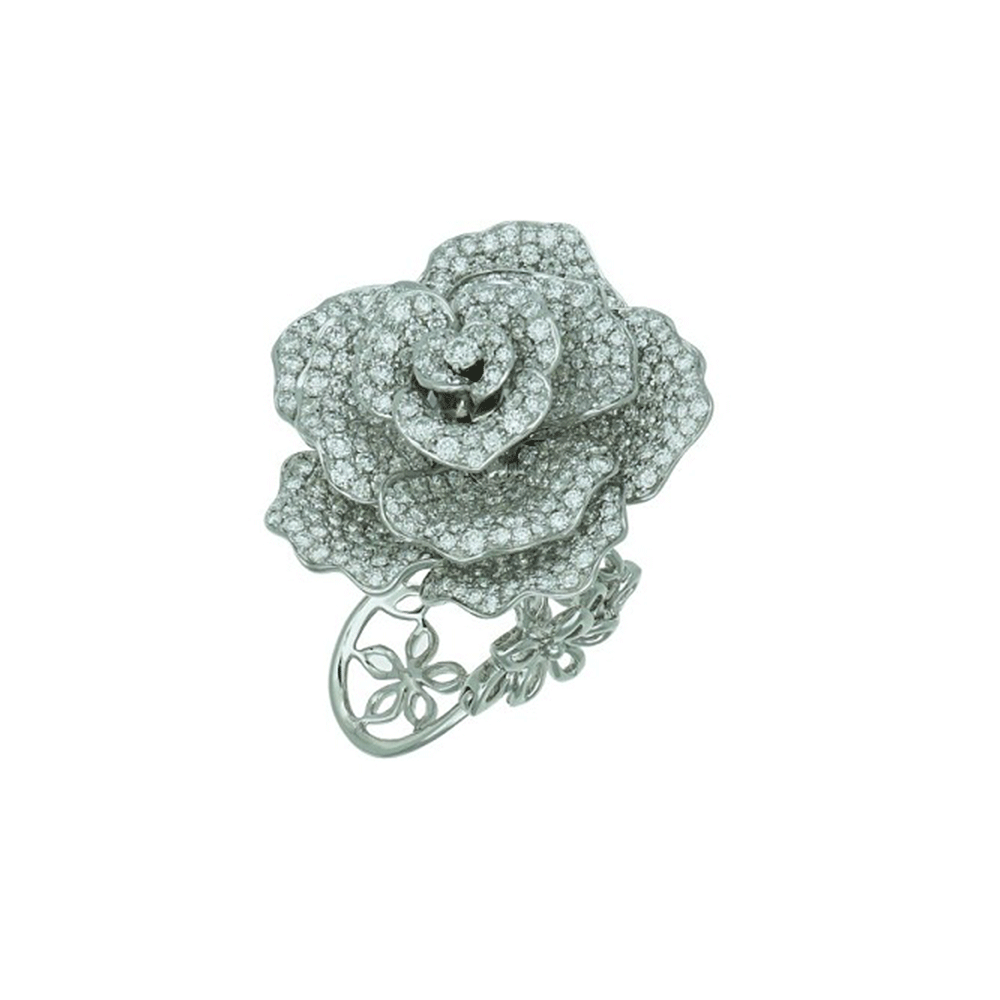 18k White Gold and 8.37 Total Weight Diamond Rose Motif Ring
