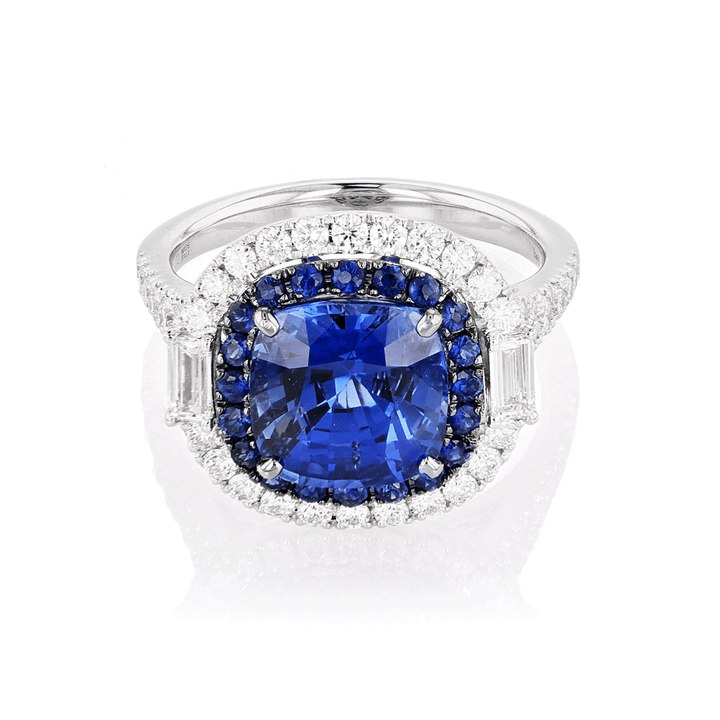 18k White Gold Cushion Sapphire 4.04 Total Weight and Diamond Halo Ring