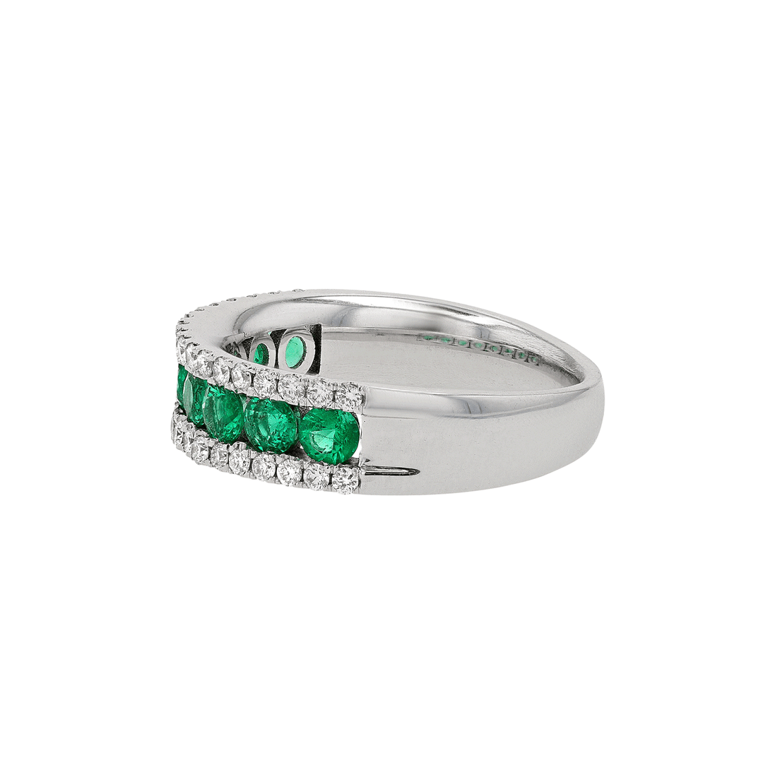 18k Gold Three Row Emerald .79 Total Weight and Diamond Band