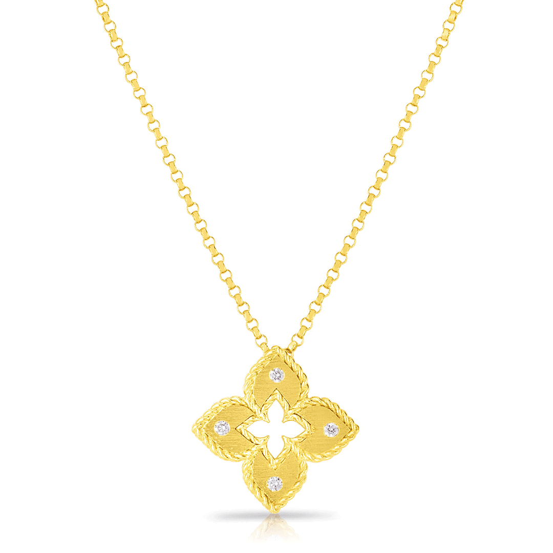 Robert Coin Petite Venetian Princess Diamond and Yellow Gold Small Flower Necklace