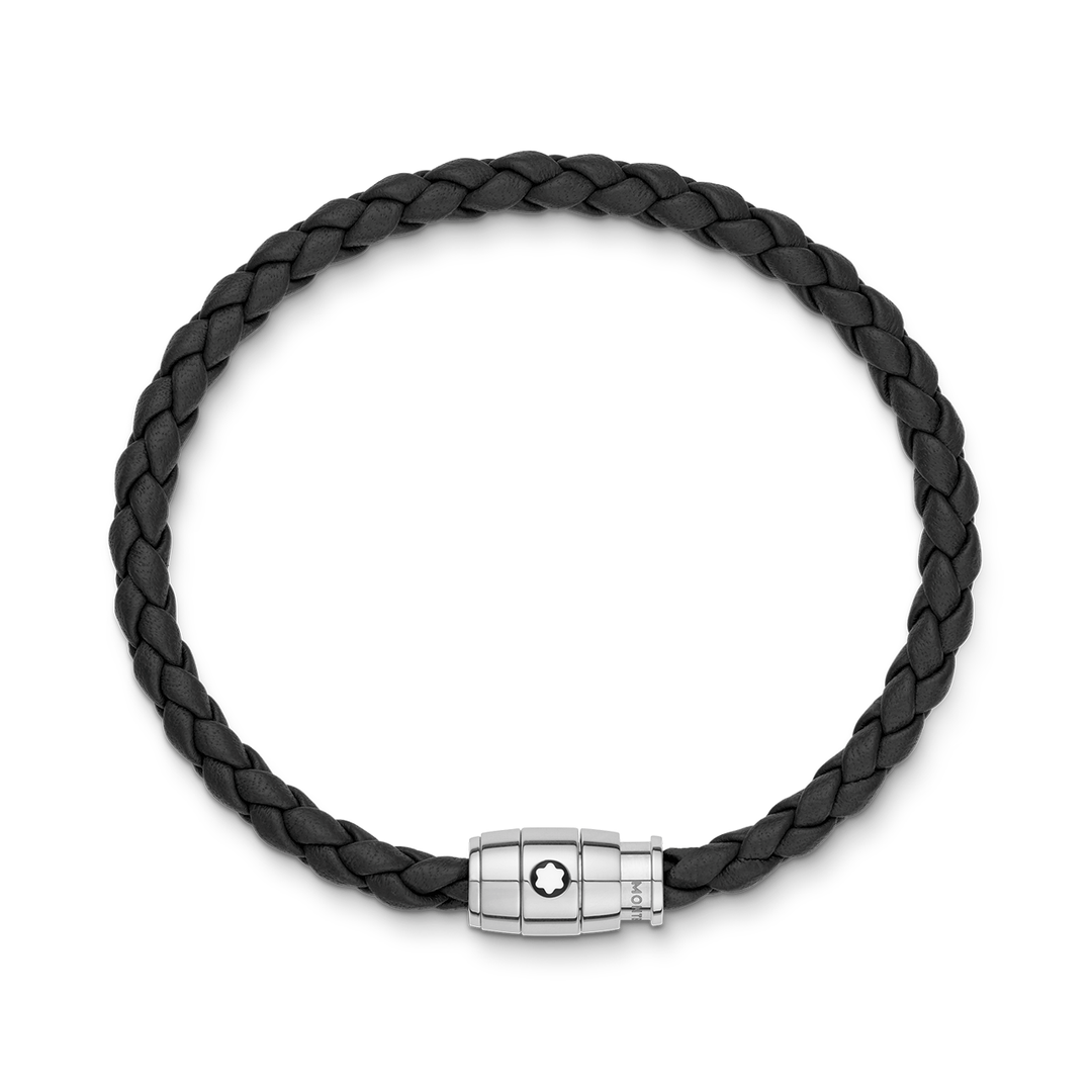 Montblanc Bracelet Steel 3 Rings Closing and Black Leather Bracelet