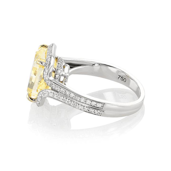 18k White Gold Yellow Gold and Cushion Cut Diamond 7.11 Total Weight Ring