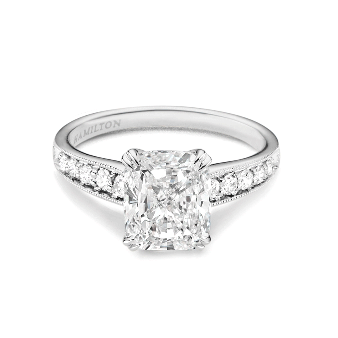 Hamilton Cherish Collection 18k White Gold and 1.00CT Total Weight Cushion Cut Diamond Milgrain Bead Set Engagement Ring