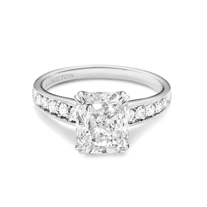 Hamilton Cherish Collection 18k White Gold and 1.00CT Total Weight Cushion Cut Diamond Milgrain Bead Set Engagement Ring
