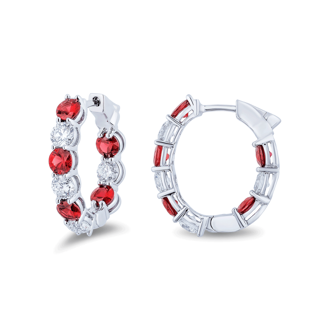 18k Gold Alternating Ruby 3.30 Total Weight and Diamond Hoops