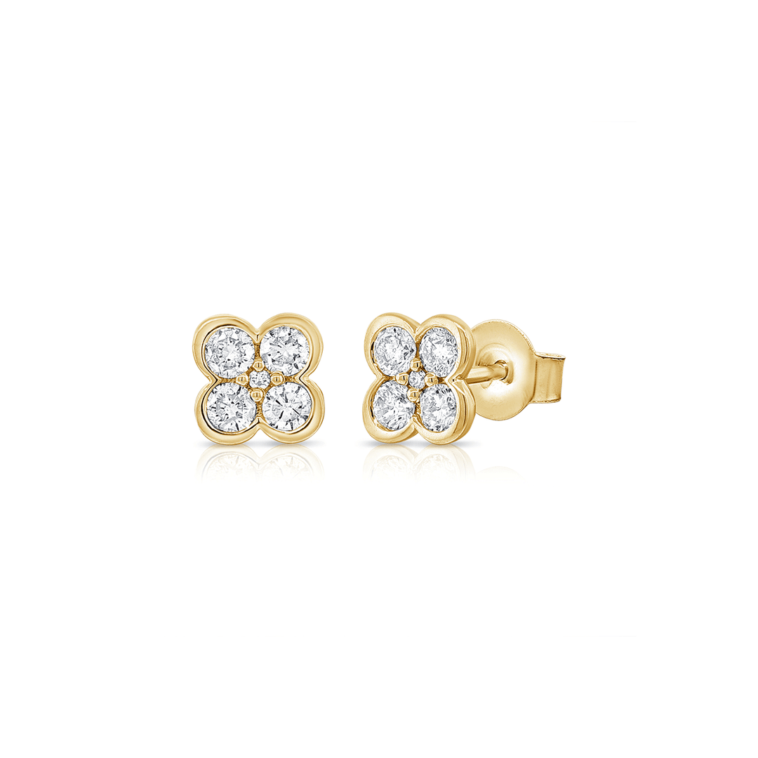 14k Yellow Gold and Diamond Clover Stud Earrings