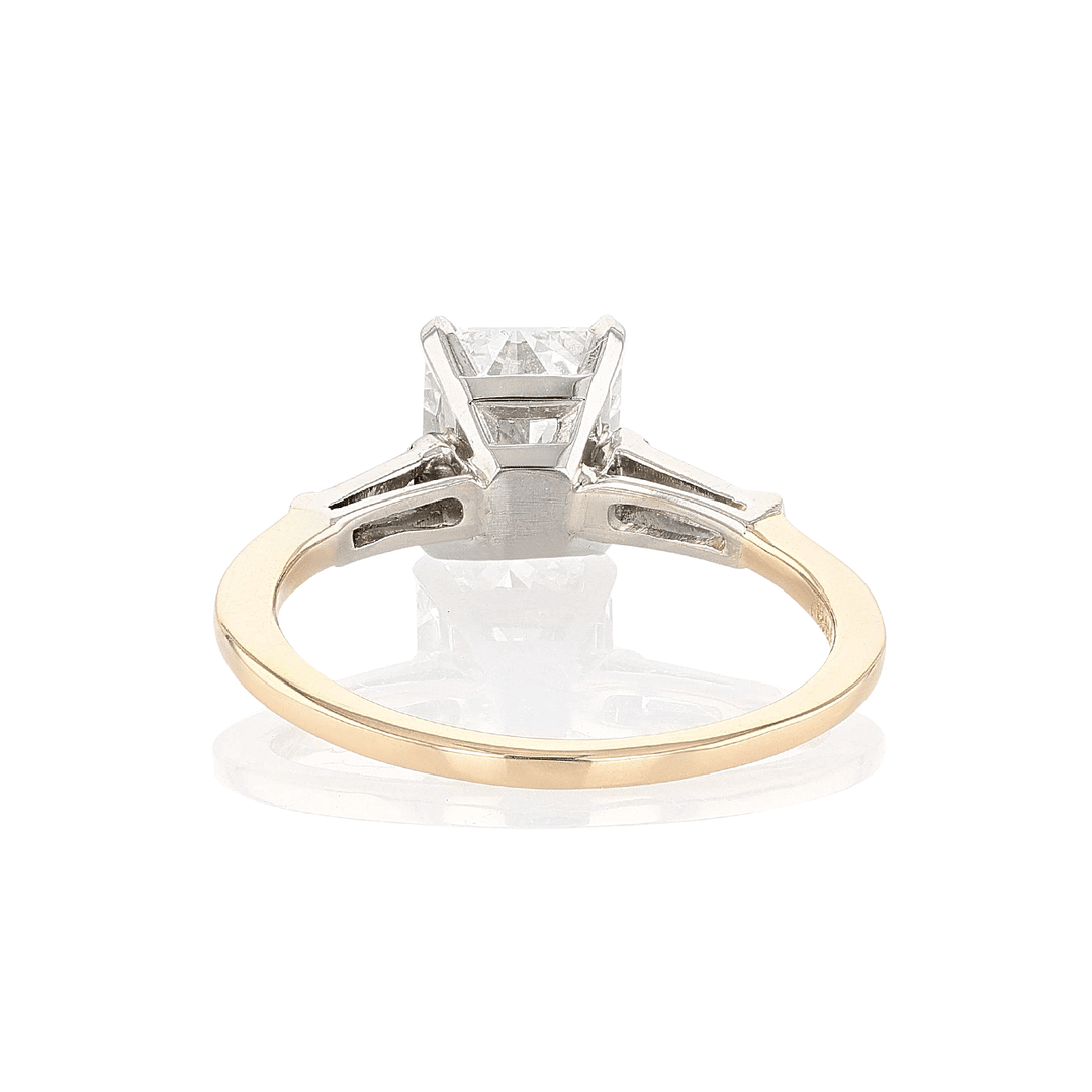 Platinum 14k Yellow Gold and 1.90 Total Weight Radiant Cut Diamond Three Stone Ring