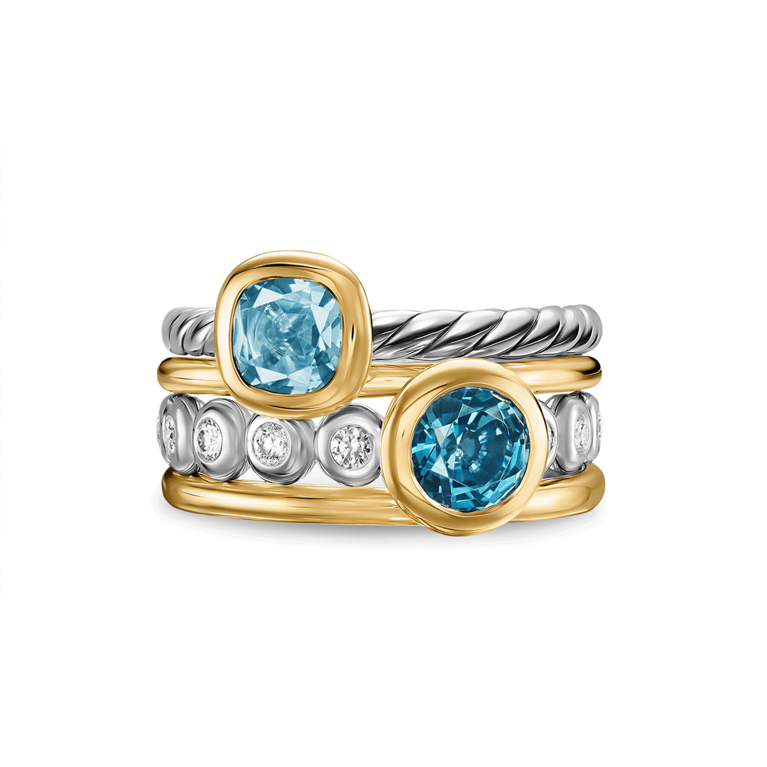 David Yurman DY Mercer® Color Stone Multi Row Ring Sterling Silver with 18K Yellow Gold, Blue Topaz and Diamonds, 10mm