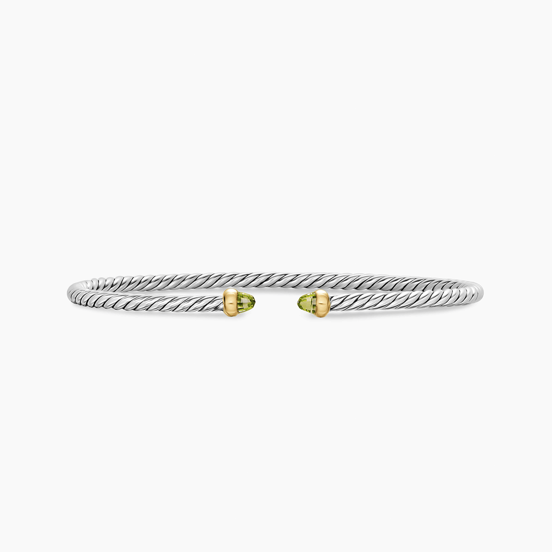 David Yurman Micro Cable Flex Bracelet Sterling Silver with 14k Yellow Gold and Peridot, 2.6mm