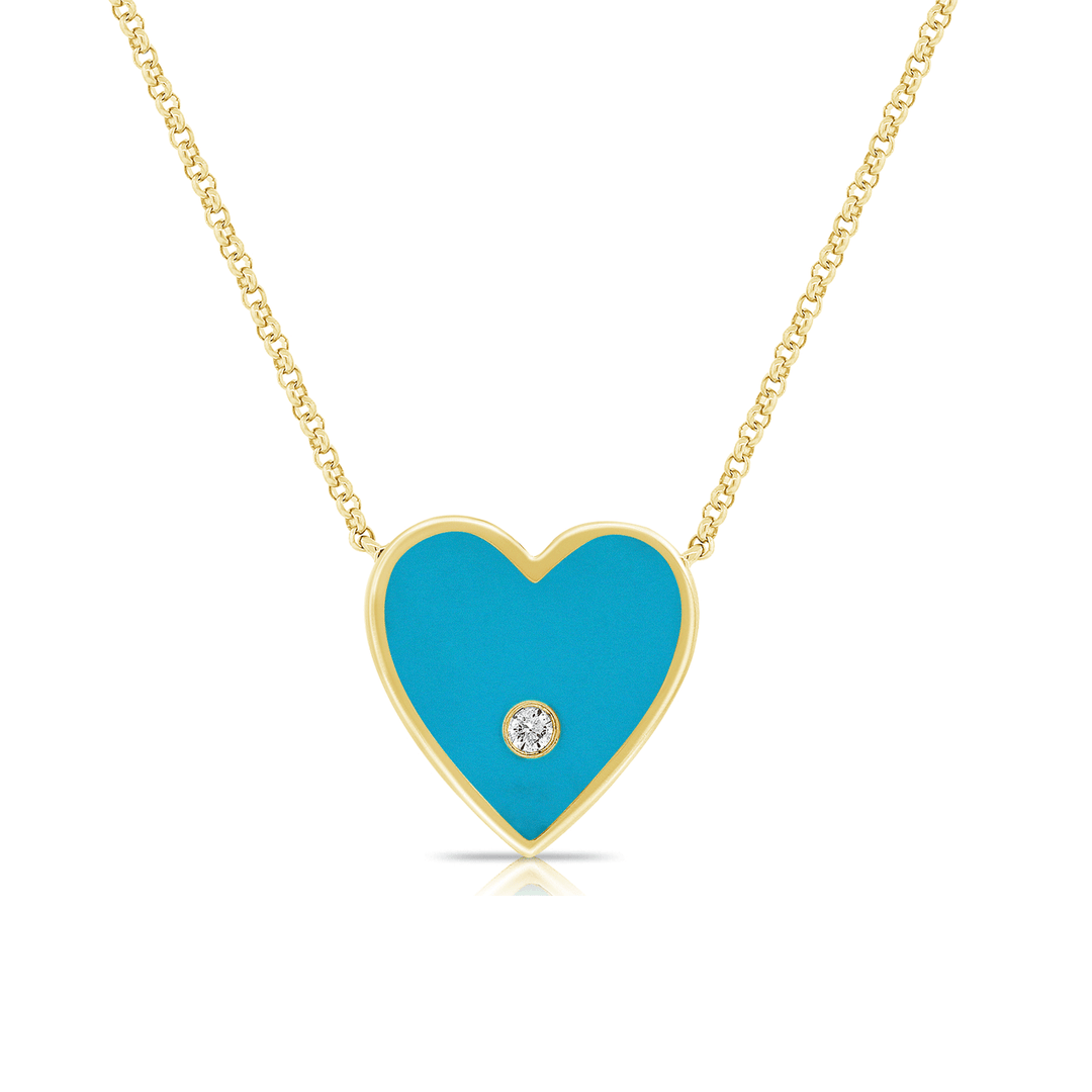14k Yellow Gold and Turquoise Enamel Heart Necklace