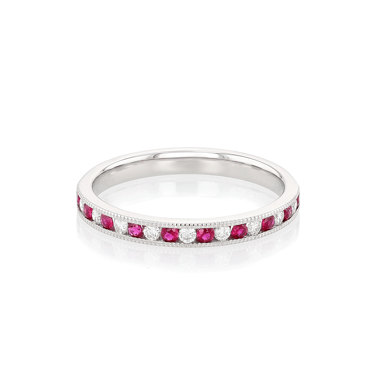 Platinum and 0.25 Total Weight Ruby Diamond Milgrain Half Way Band