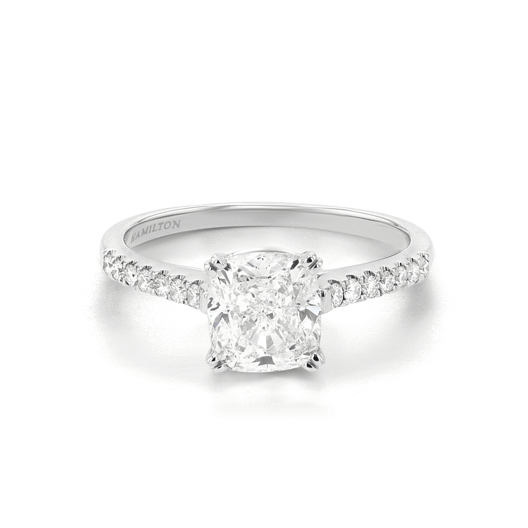 Hamilton Cherish Platinum and 2.02 Total Weight Cushion Cut Diamond Engagement Ring