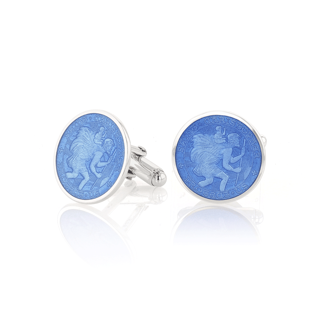 Sterling Silver and Royal Blue Enamel St. Christopher Cufflinks