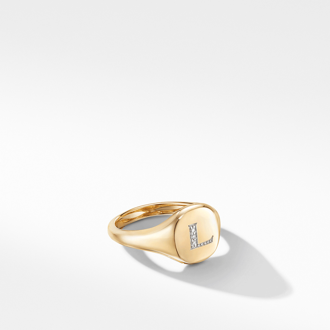 Mini DY Initial L Pinky Ring in 18K Yellow Gold with Diamonds