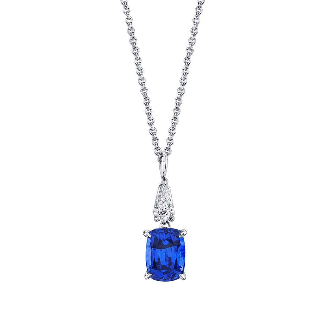 Platinum Cushion Shape Sapphire 1.65 Total Weight and Diamond Pendant