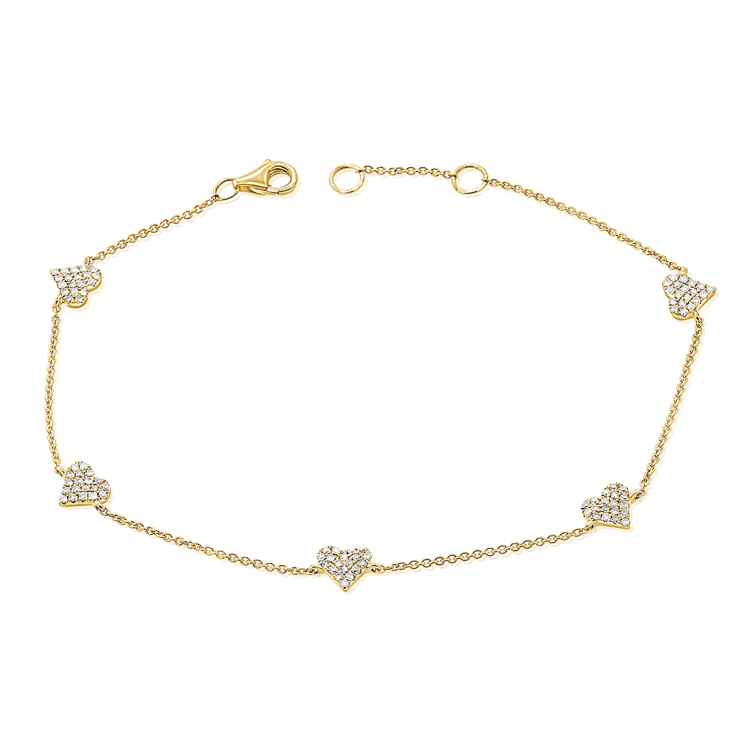 14k Yellow Gold and .30 Total Weight Diamond Heart Station Bracelet