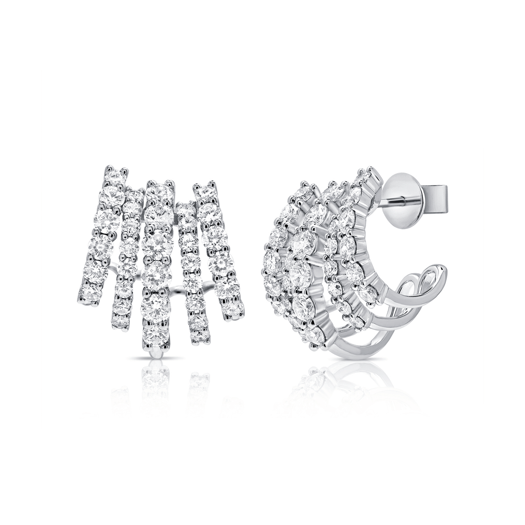 14k White Gold 5 Row Diamond 1.46 Total Weight Earrings