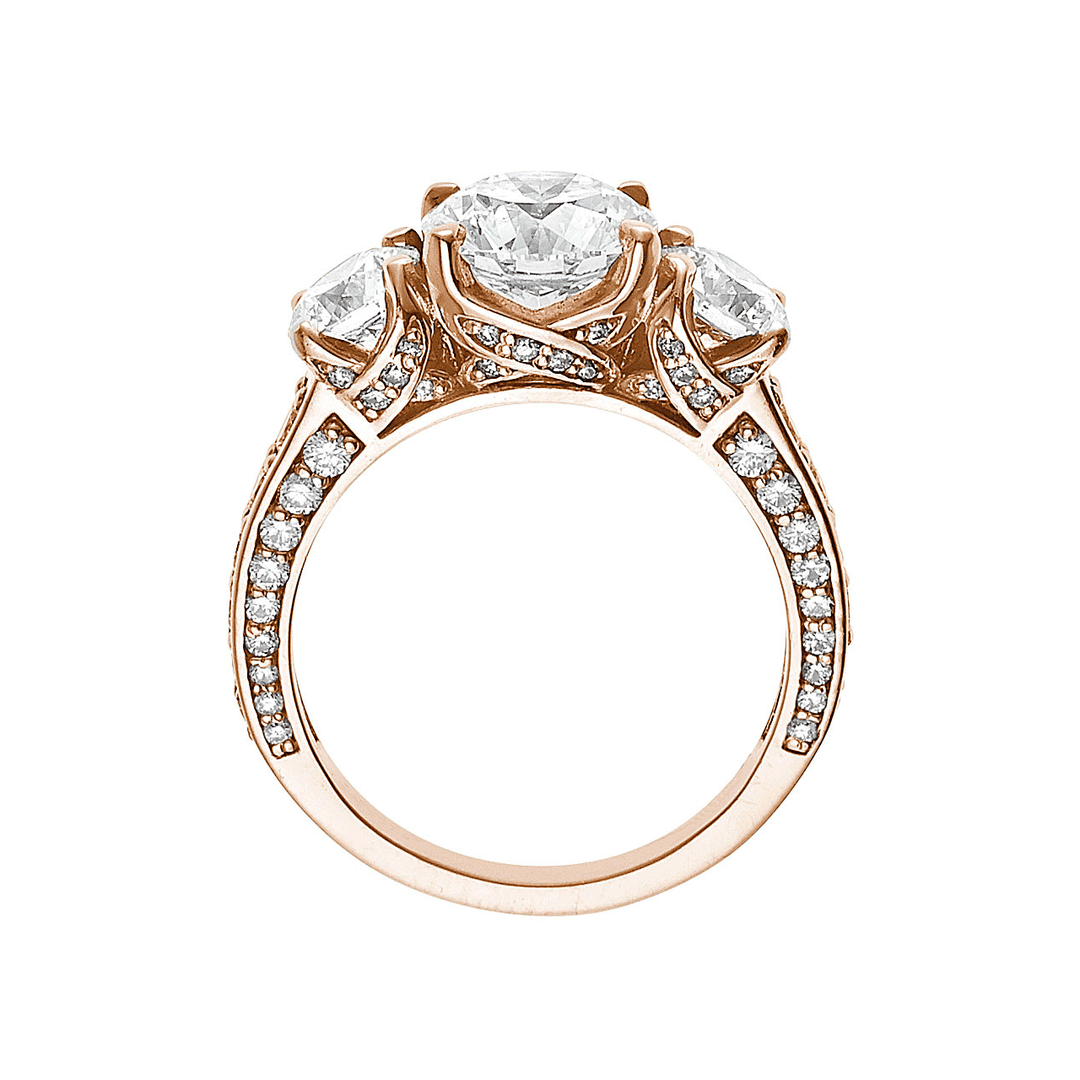 1912 Three Stone 18k Rose Gold and 1.09 Total Weight Diamond Engagement Mounting Ring