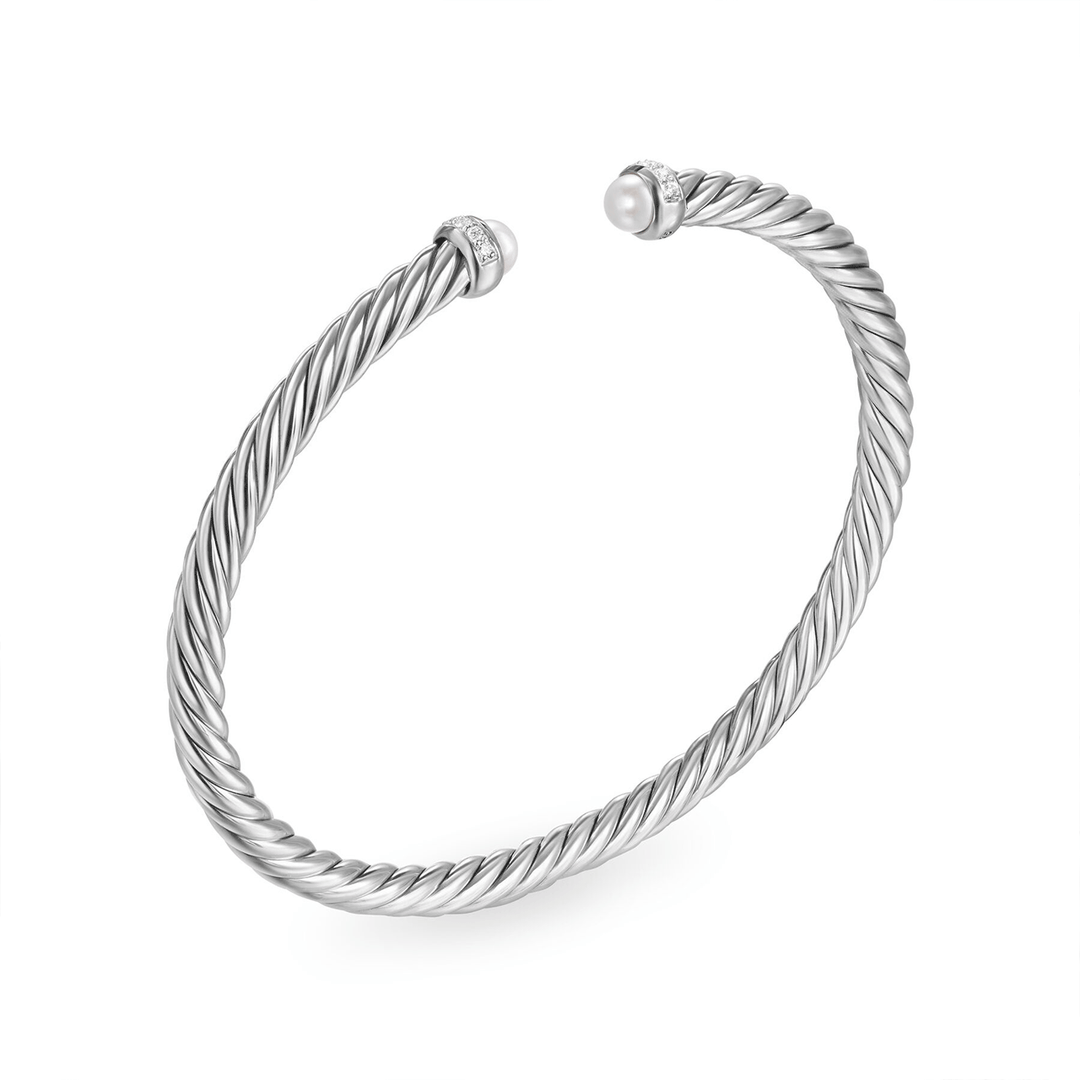 David Yurman Cablespira Flex Bracelet Sterling Silver with Pearls and Diamonds, 4mm