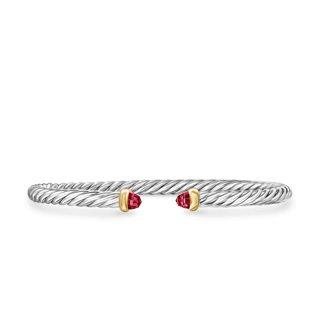 David Yurman Cable Flex Bracelet Sterling Silver with 14k Yellow Gold and Rhodolite Garnet, 4mm